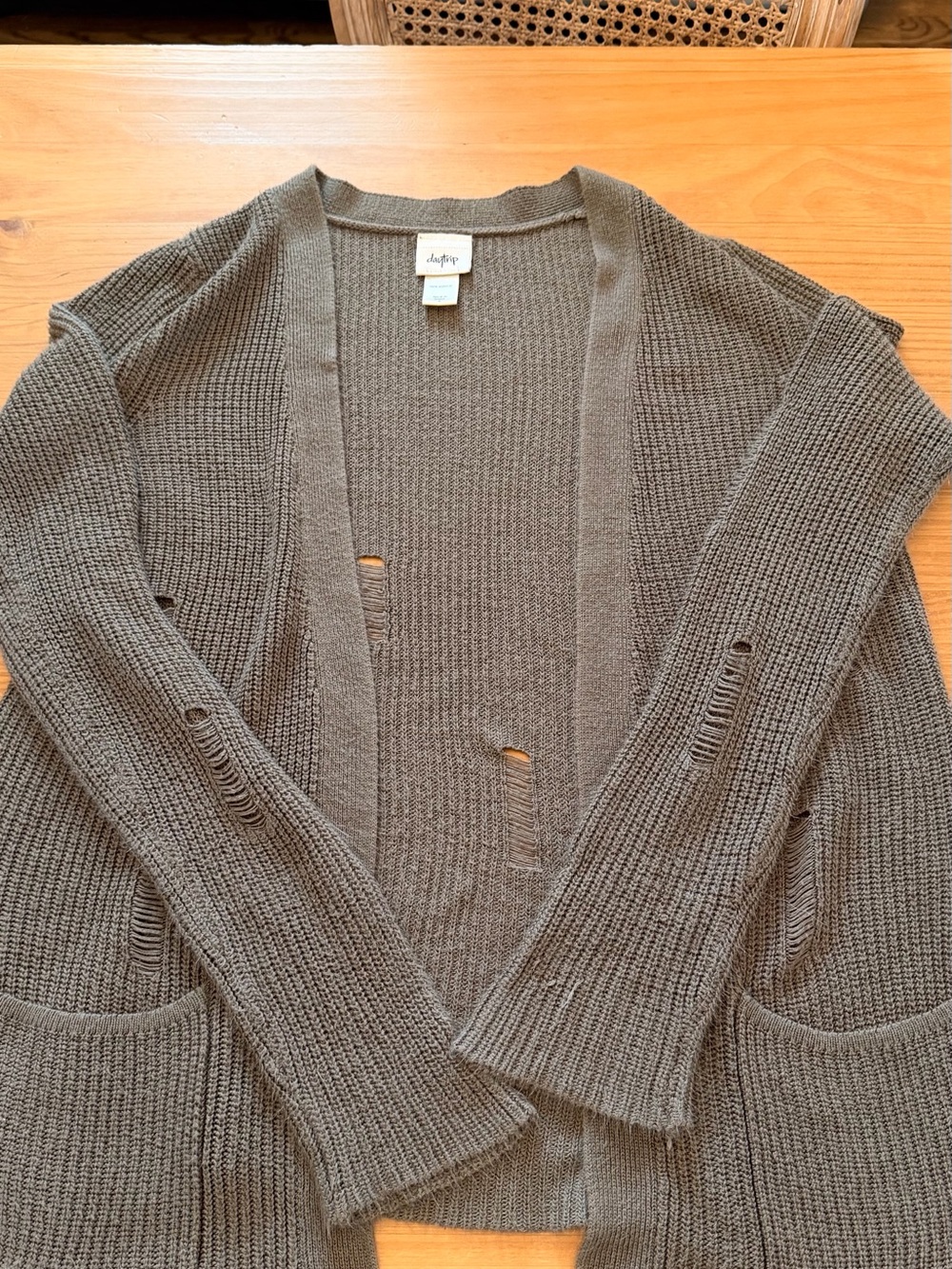 Daytrip Olive Green Distressed Open-Front Cardigan